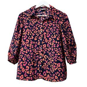 Nanette Lepore Women's Blouse Button Up Animal Print 3/4 Balloon Sleeve Size S